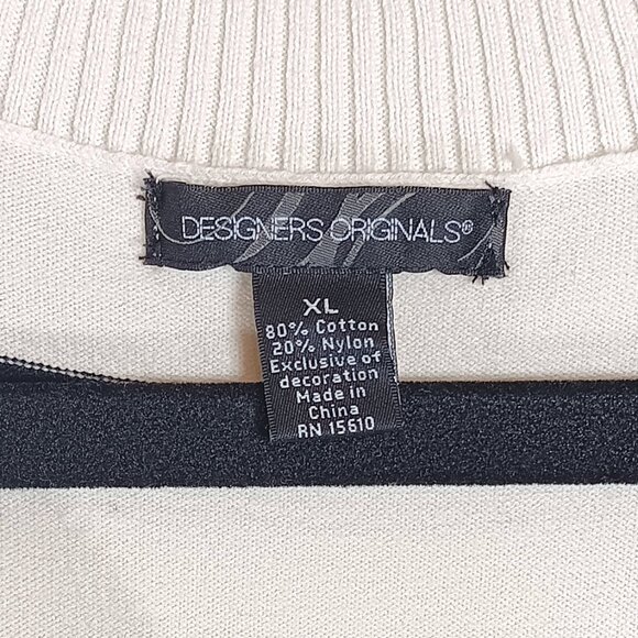 Designers Originals Knit Sweater Women’s XL White Black Stripe Ribbon Bow 90s - Picture 3 of 5